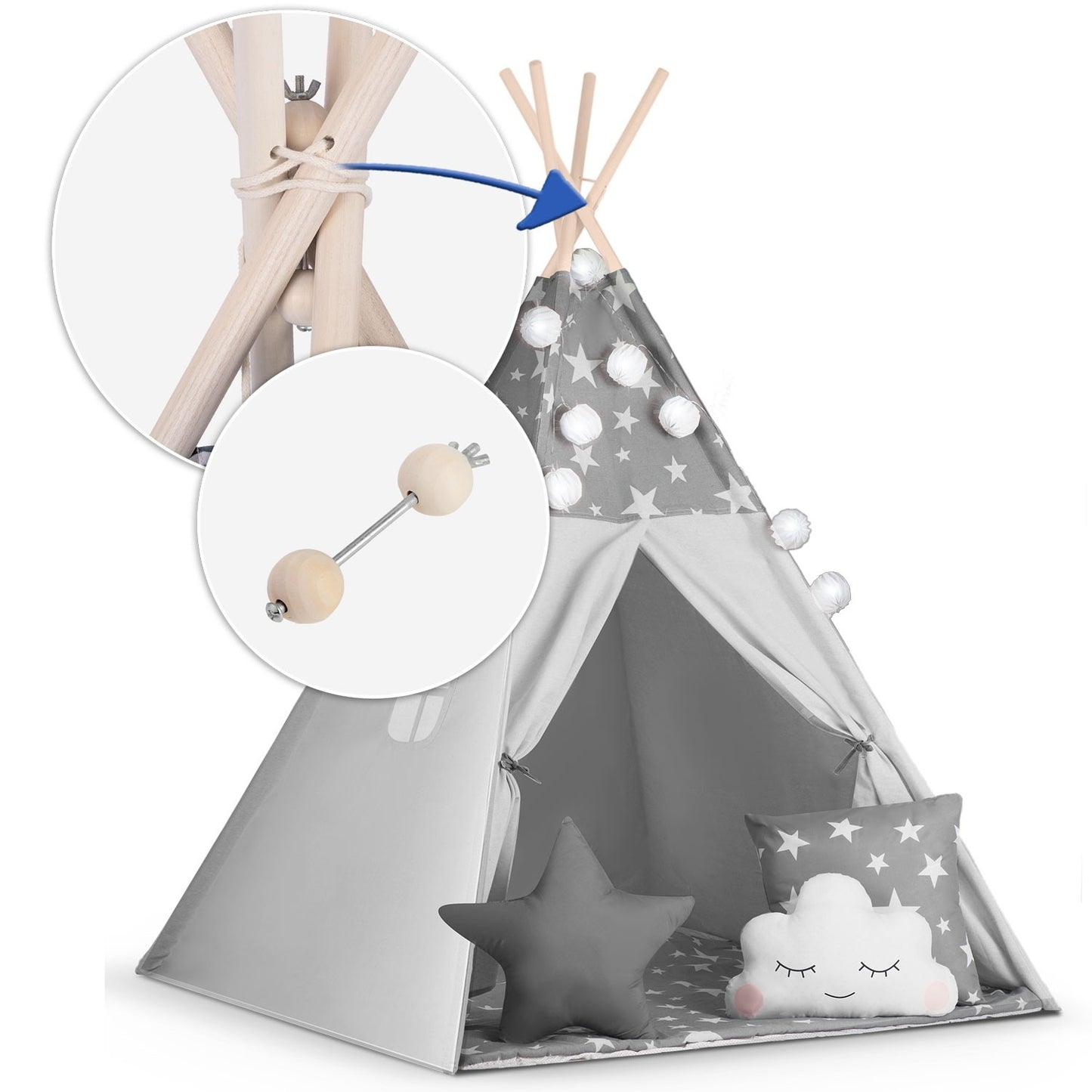 Tipi tent for children with garland and light string Nukido - gray with stars