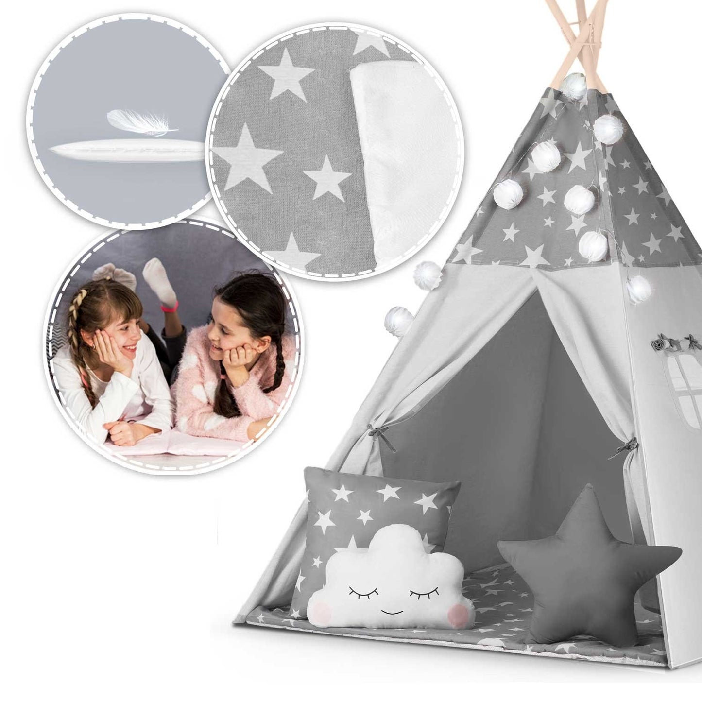 Tipi tent for children with garland and light string Nukido - gray with stars