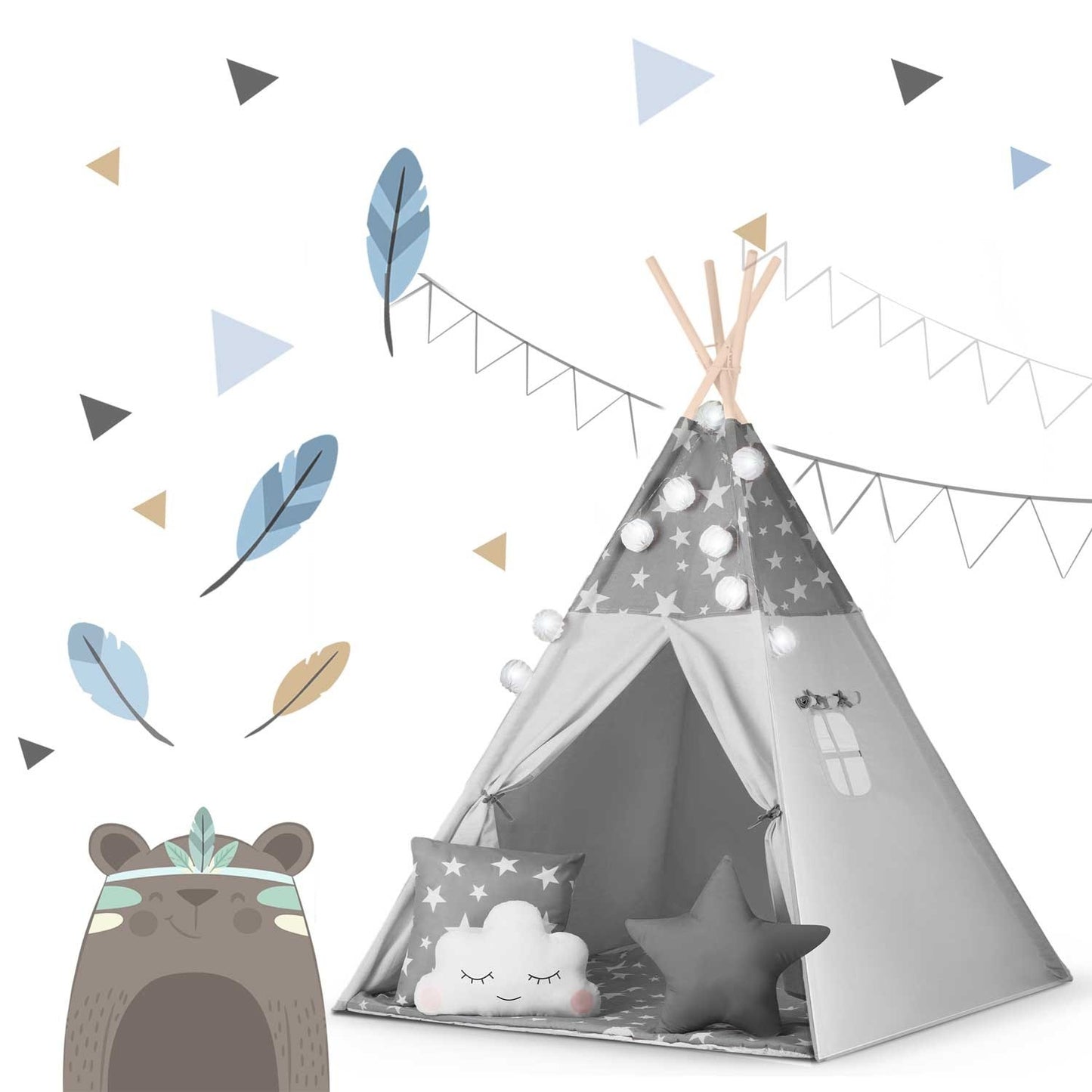 Tipi tent for children with garland and light string Nukido - gray with stars