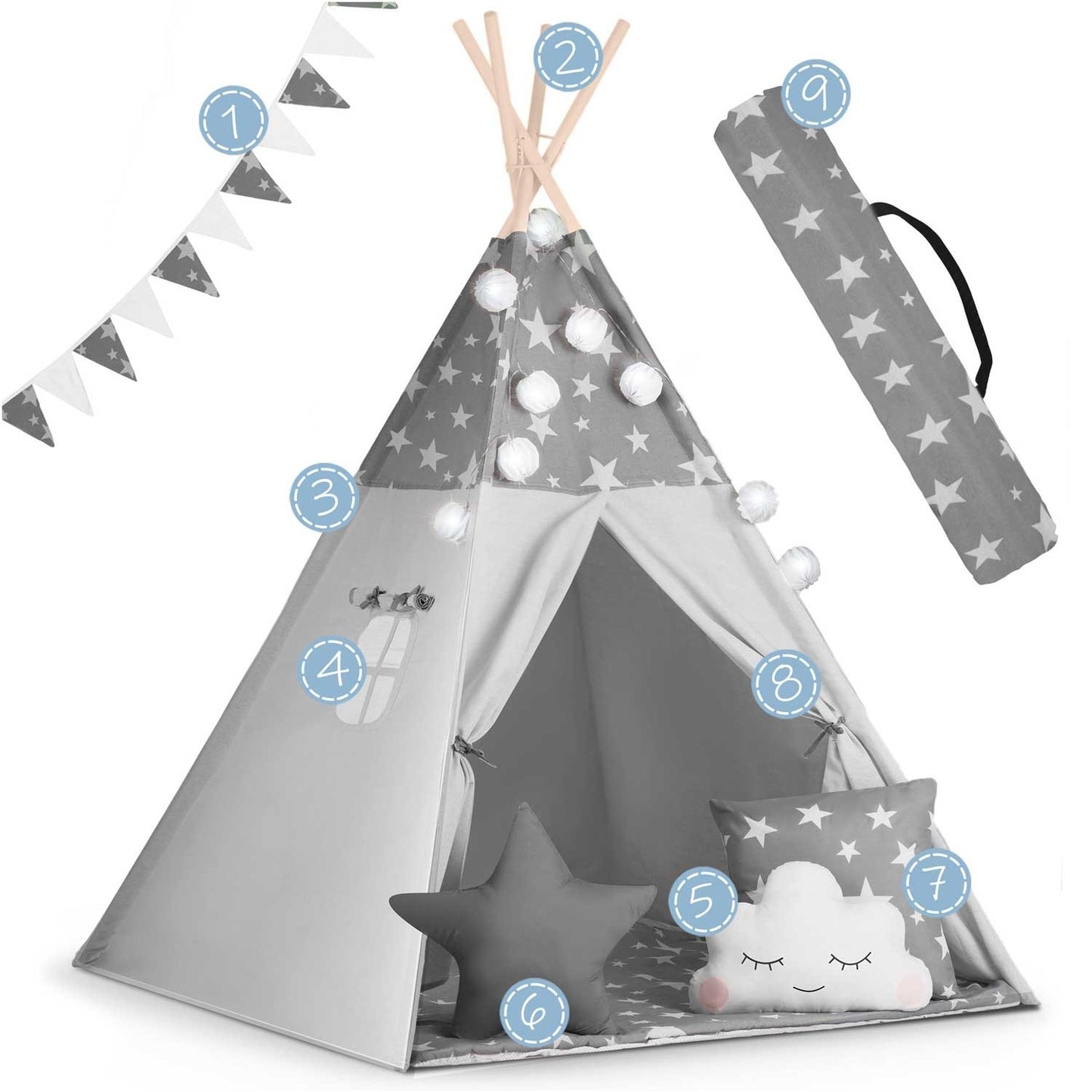 Tipi tent for children with garland and light string Nukido - gray with stars