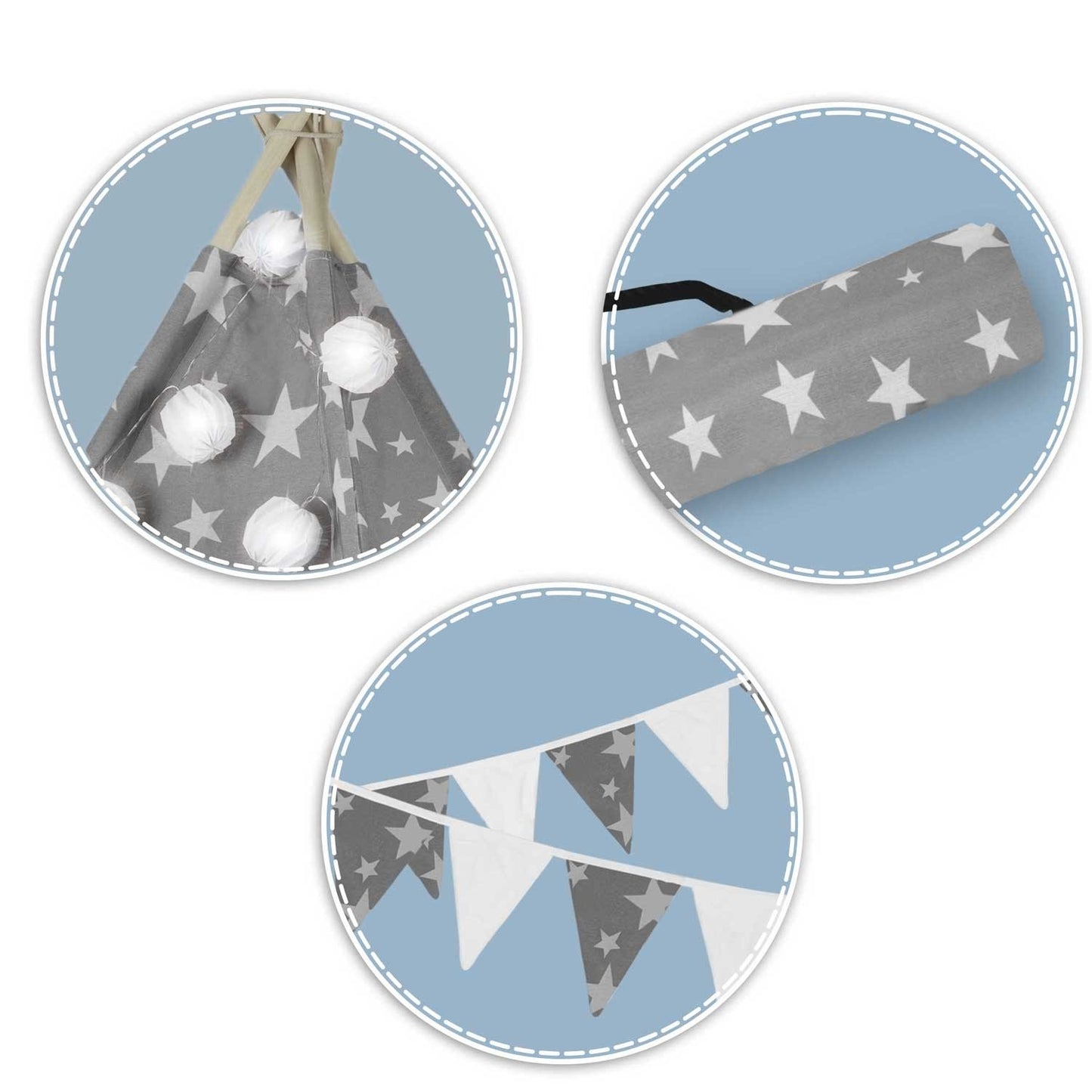 Tipi tent for children with garland and light string Nukido - gray with stars