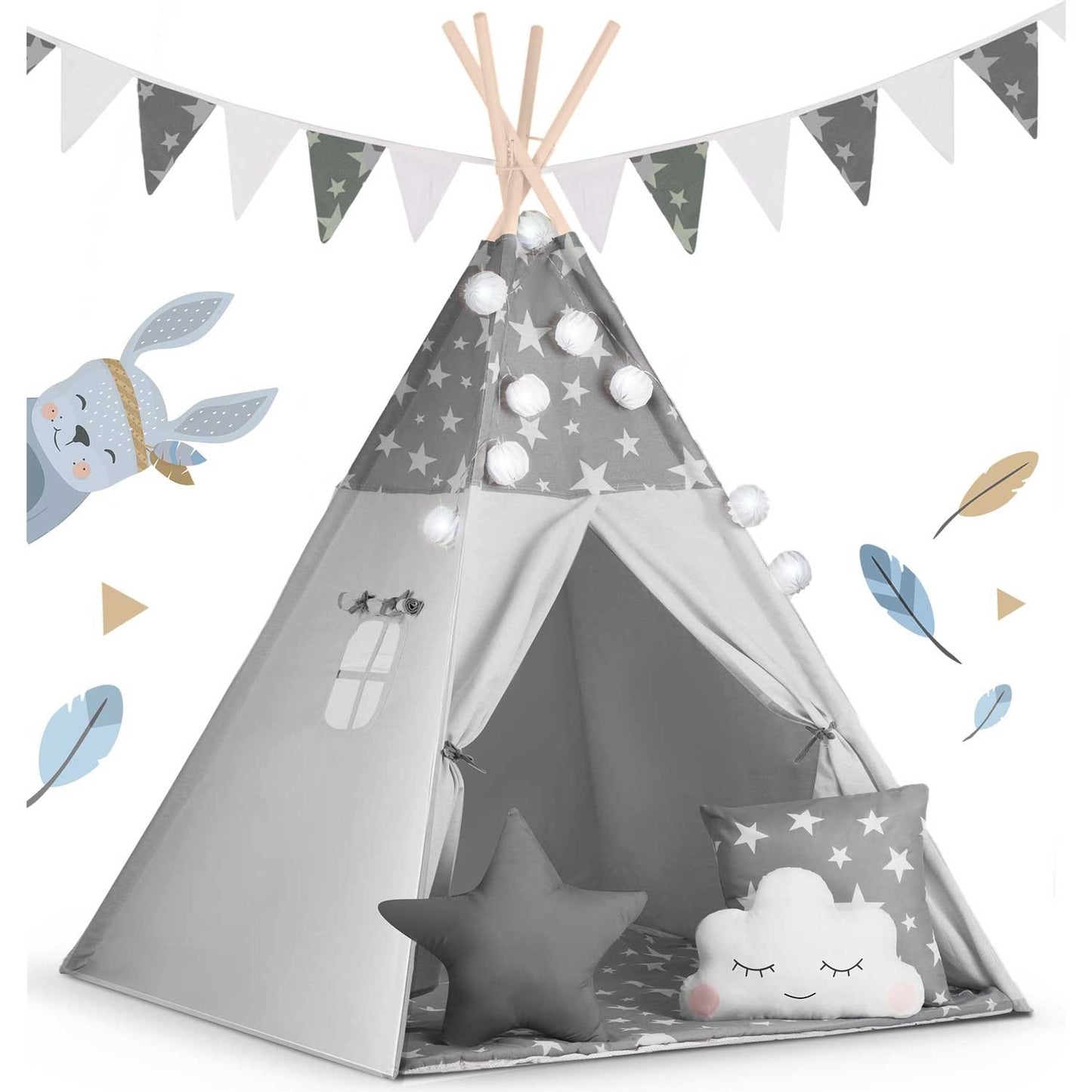Tipi tent for children with garland and light string Nukido - gray with stars