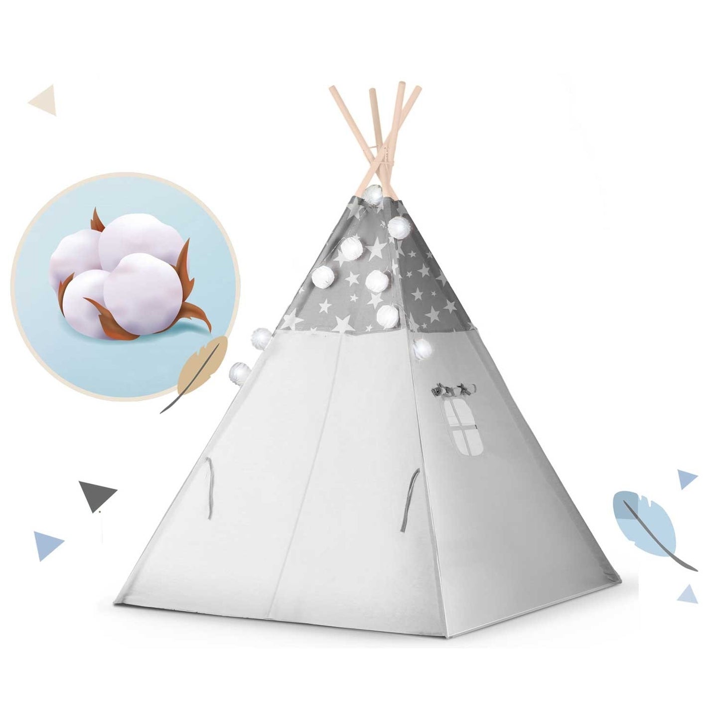 Tipi tent for children with garland and light string Nukido - gray with stars