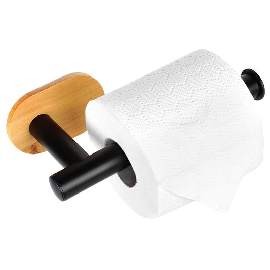 Toilet Paper Holder, Black Steel & Bamboo, 17 cm