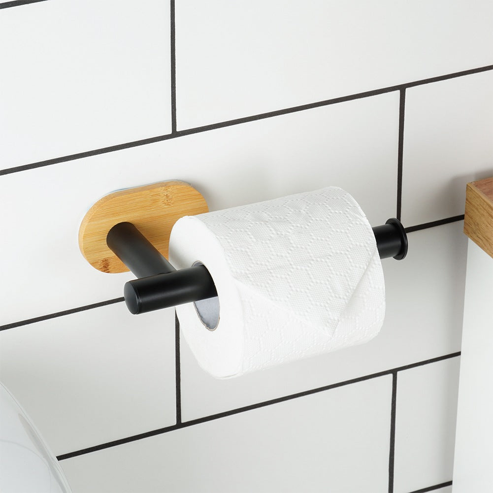 Toilet Paper Holder, Black Steel & Bamboo, 17 cm