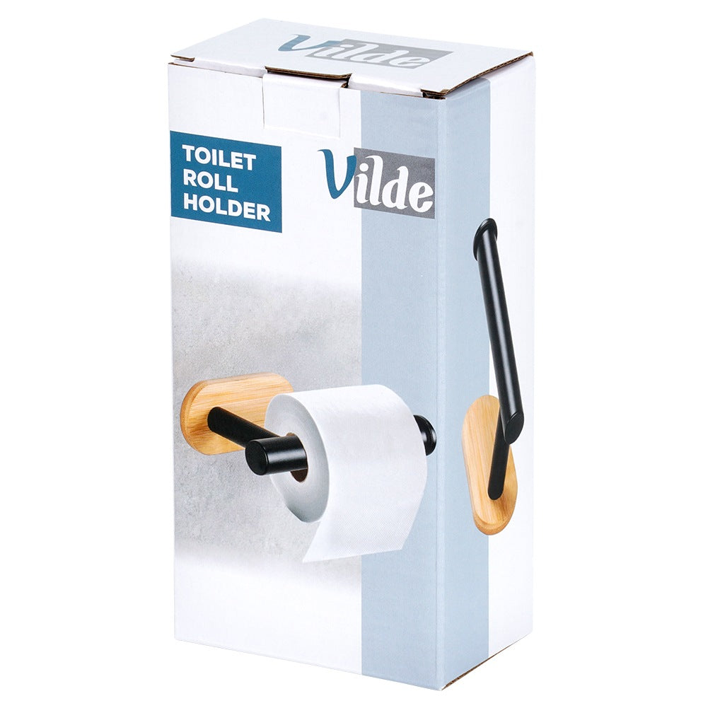 Toilet Paper Holder, Black Steel & Bamboo, 17 cm