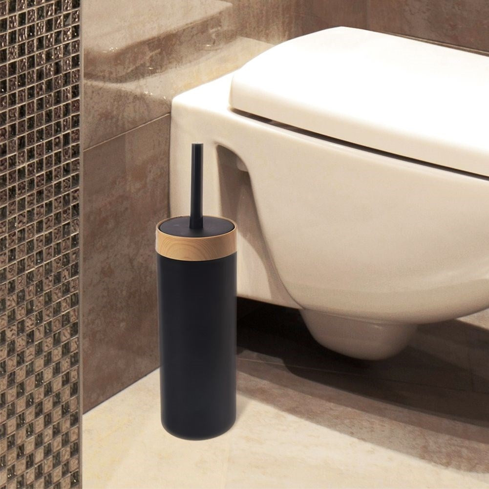 Toilet brush with container, simple design, black plastic brush