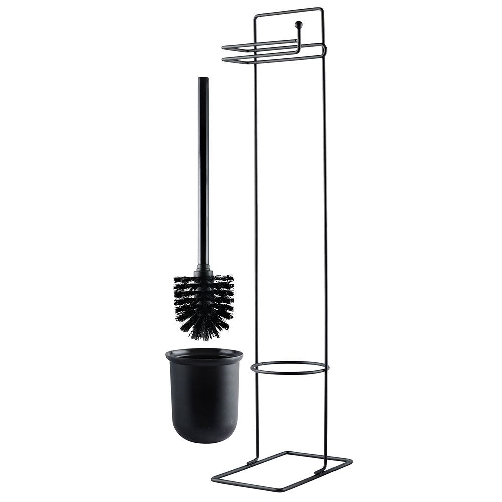 Toilet brush with paper holder, black metal and plastic