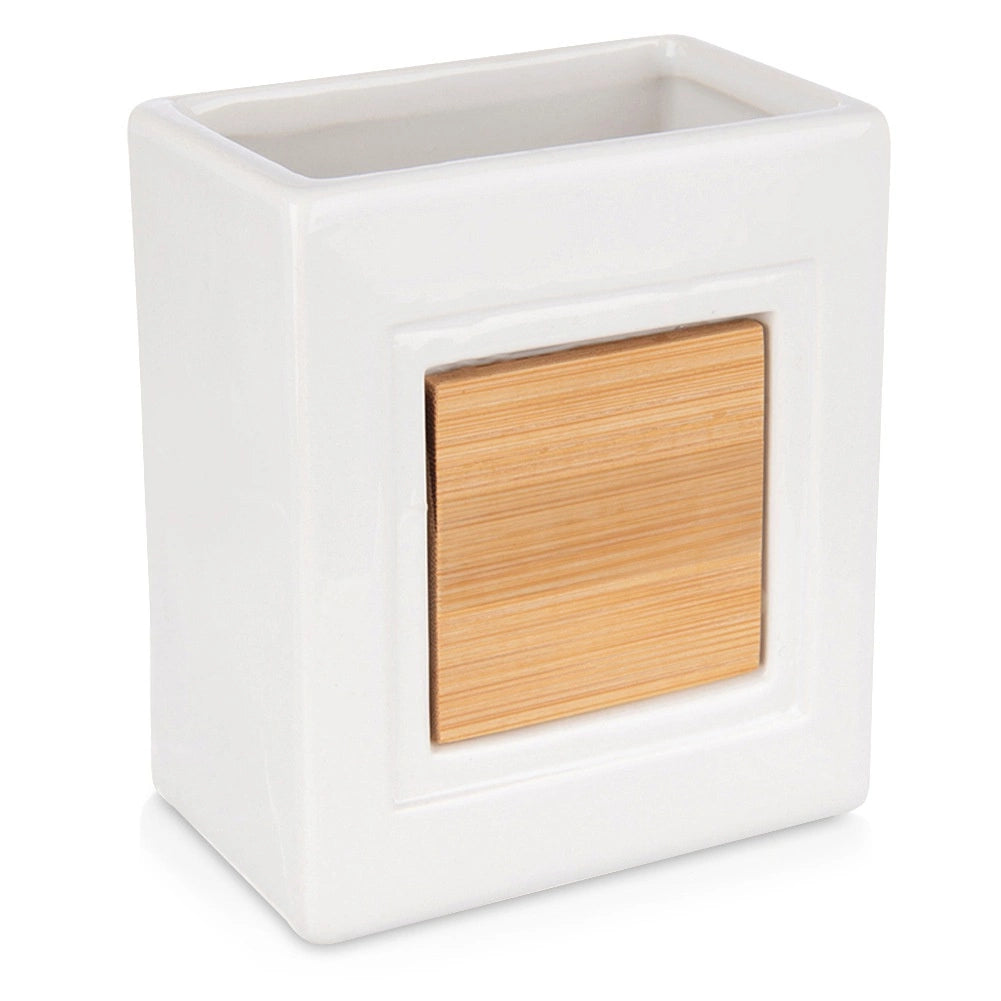 Toothbrush Holder Cup – White Dolomite & Bamboo, 330ml