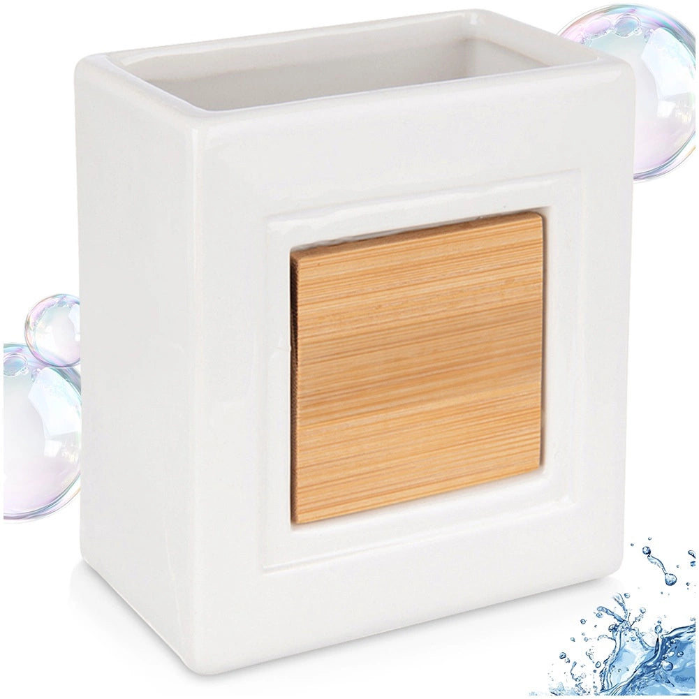 Toothbrush Holder Cup – White Dolomite & Bamboo, 330ml