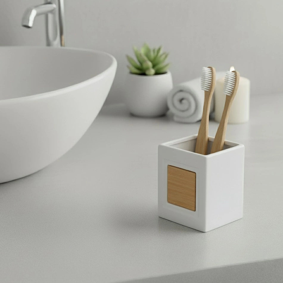 Toothbrush Holder Cup – White Dolomite & Bamboo, 330ml