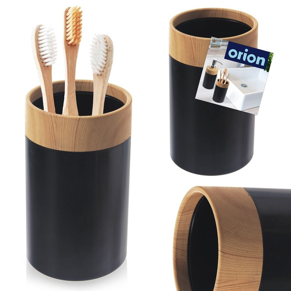 Toothbrush cup in black plastic with wooden details