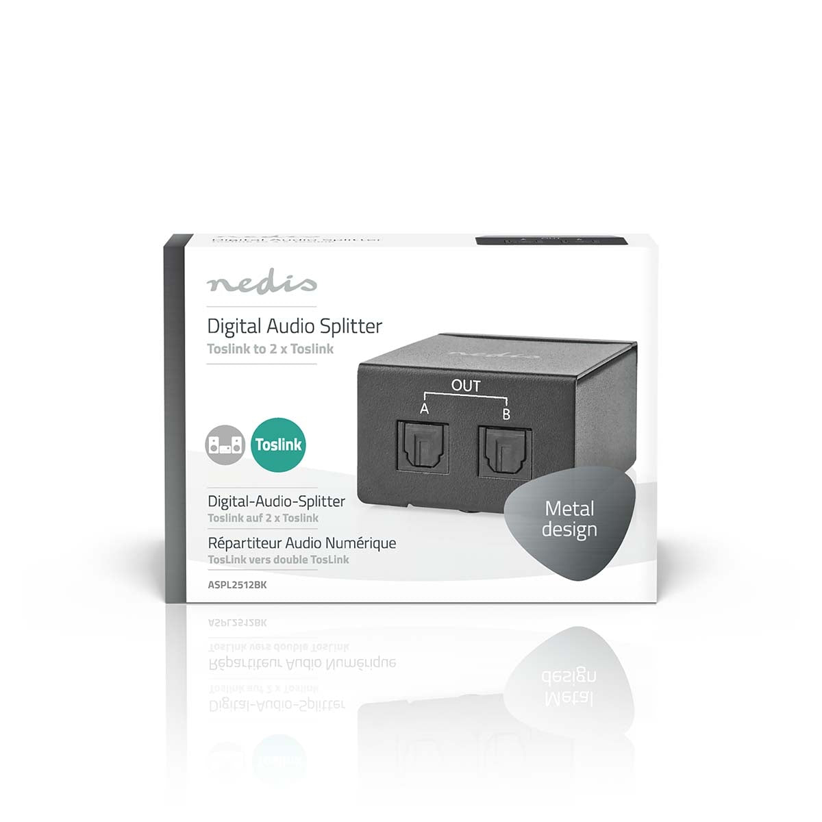 TosLink Splitter | Two-way | Connection input: TosLink Female | Connection output: 2x TosLink | Button | Metal | Black