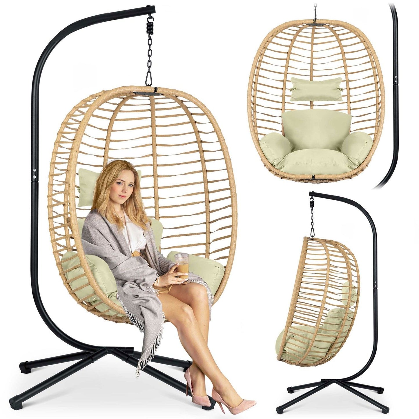 Toskana black hanging garden chair + beige cushions Sofotel