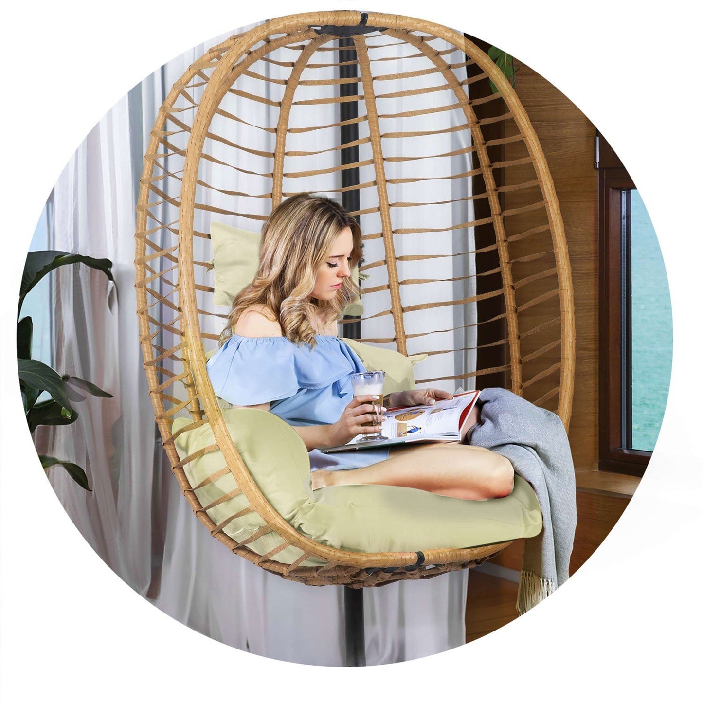 Toskana black hanging garden chair + beige cushions Sofotel