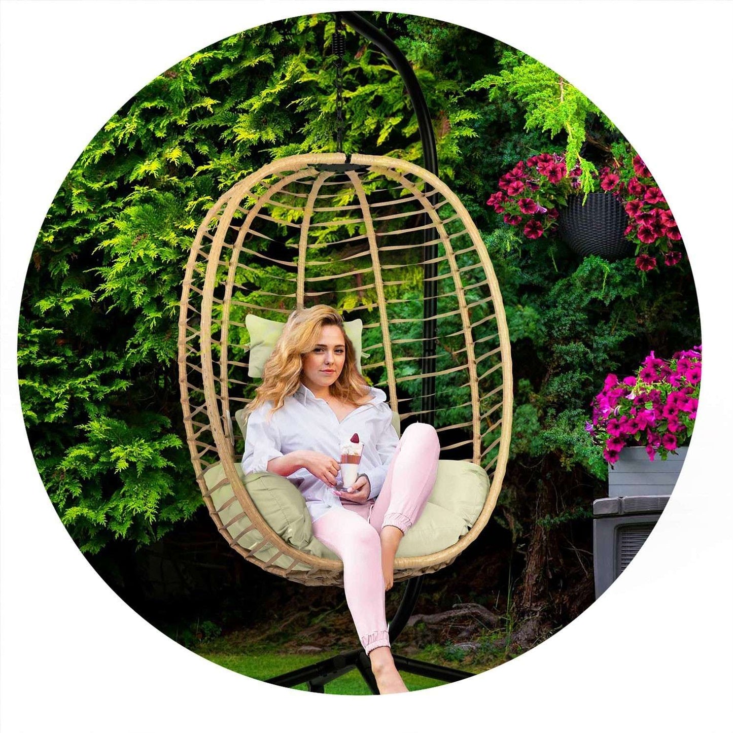 Toskana black hanging garden chair + beige cushions Sofotel