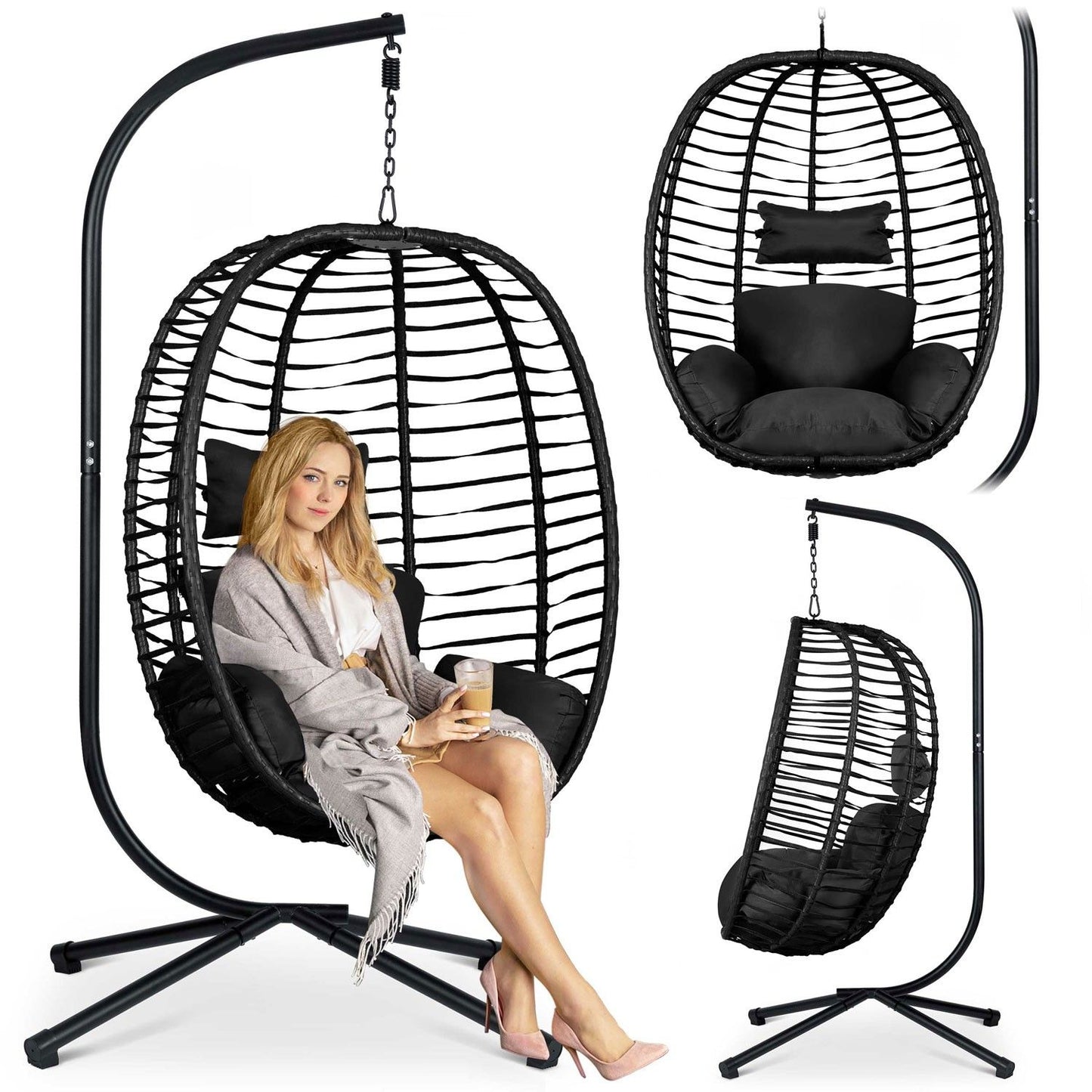 Toskana black hanging garden chair + black Sofotel cushions