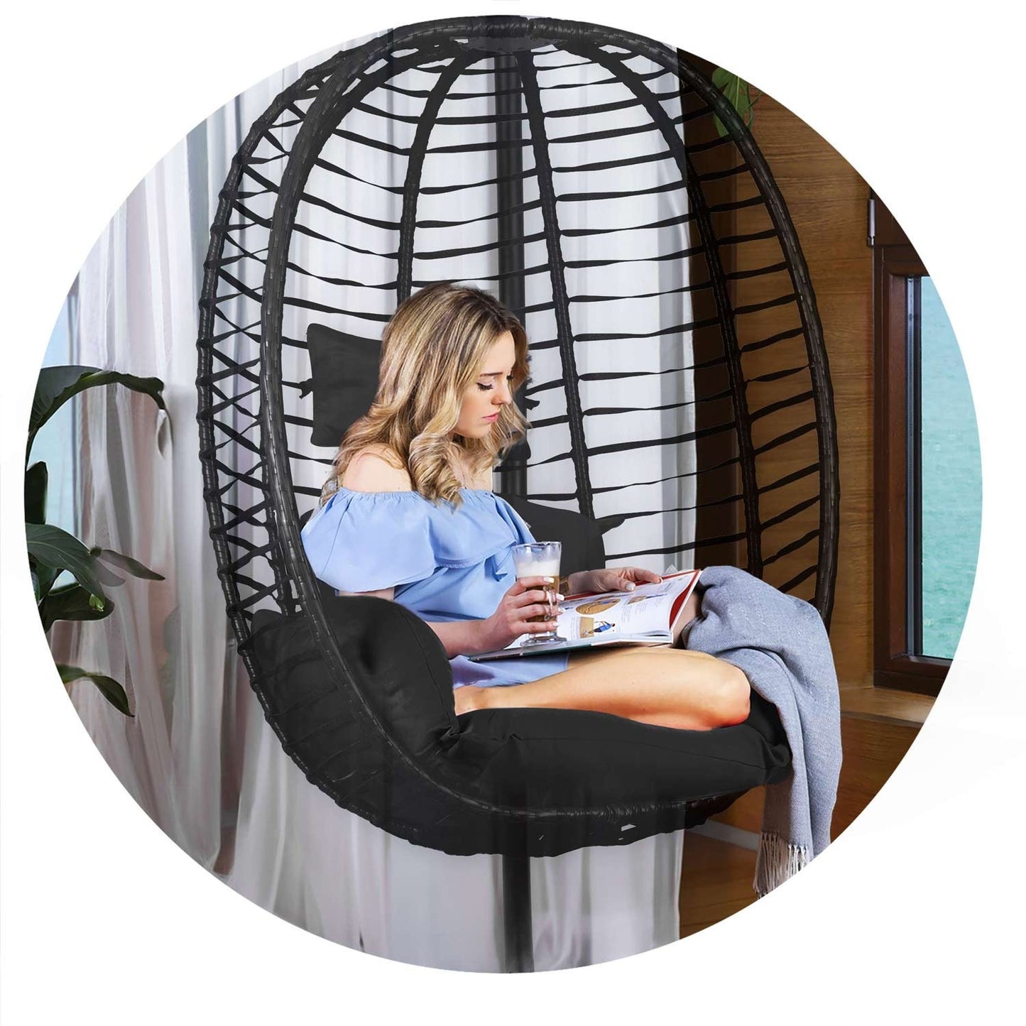 Toskana black hanging garden chair + black Sofotel cushions