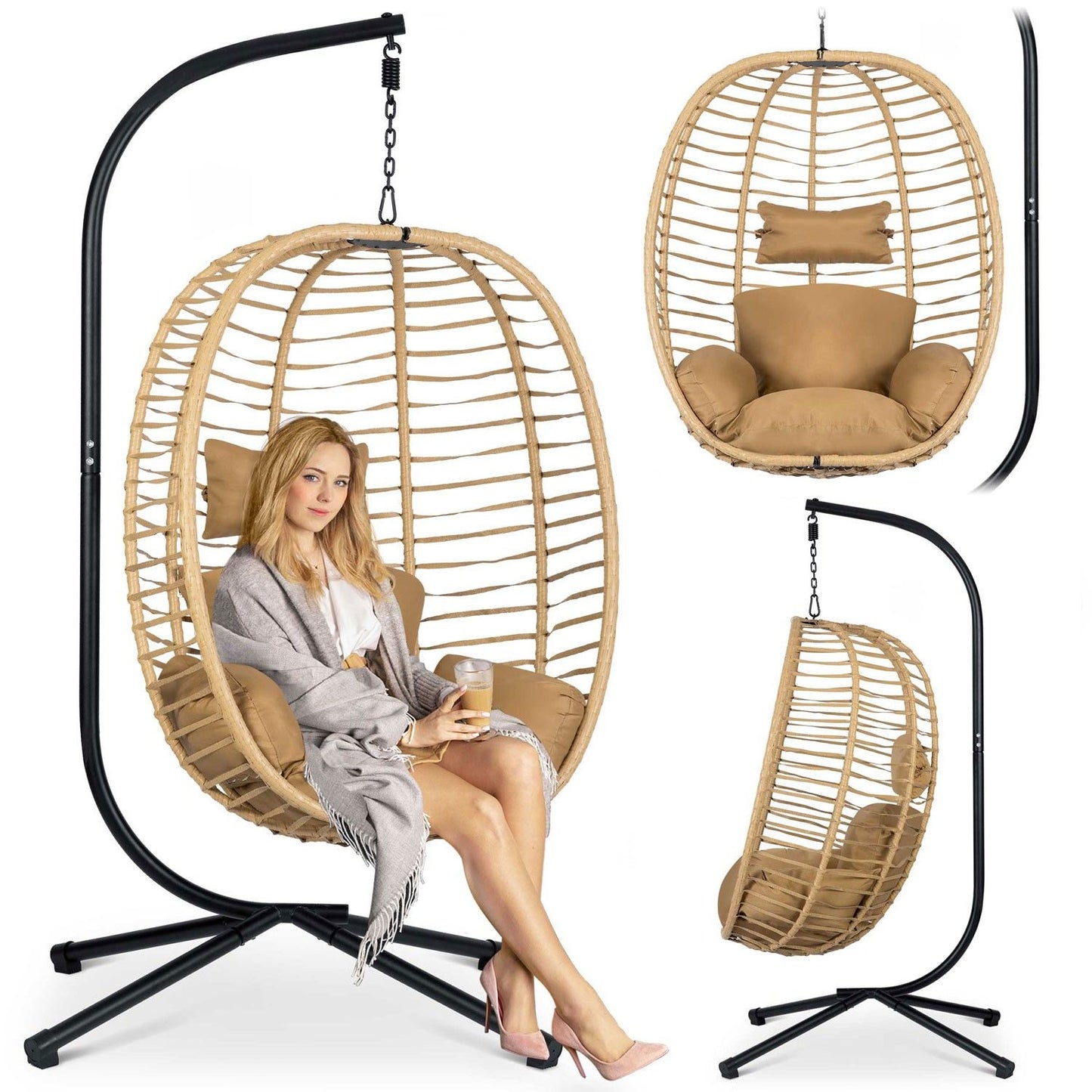 Toskana black hanging garden chair + brown cushions Sofotel