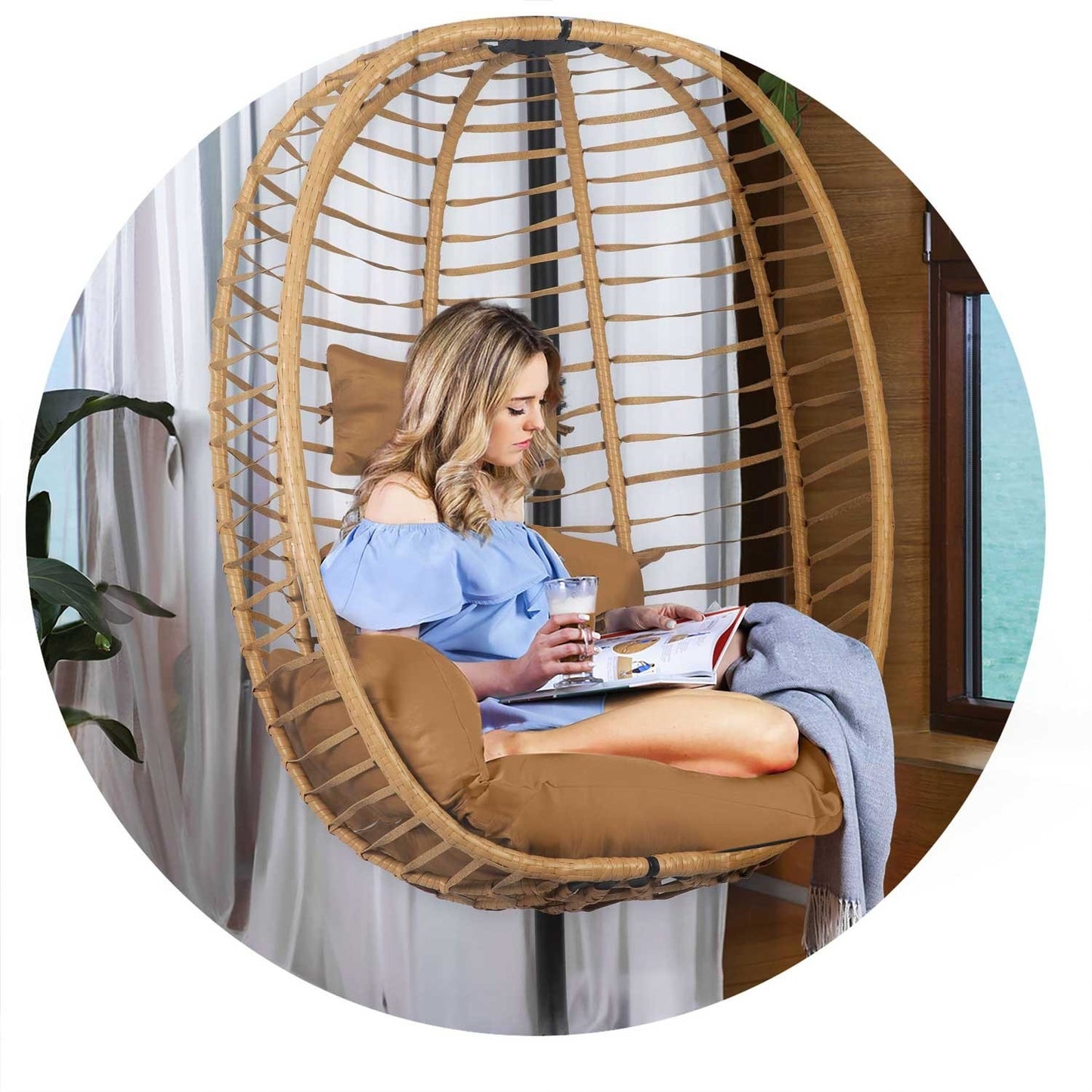 Toskana black hanging garden chair + brown cushions Sofotel