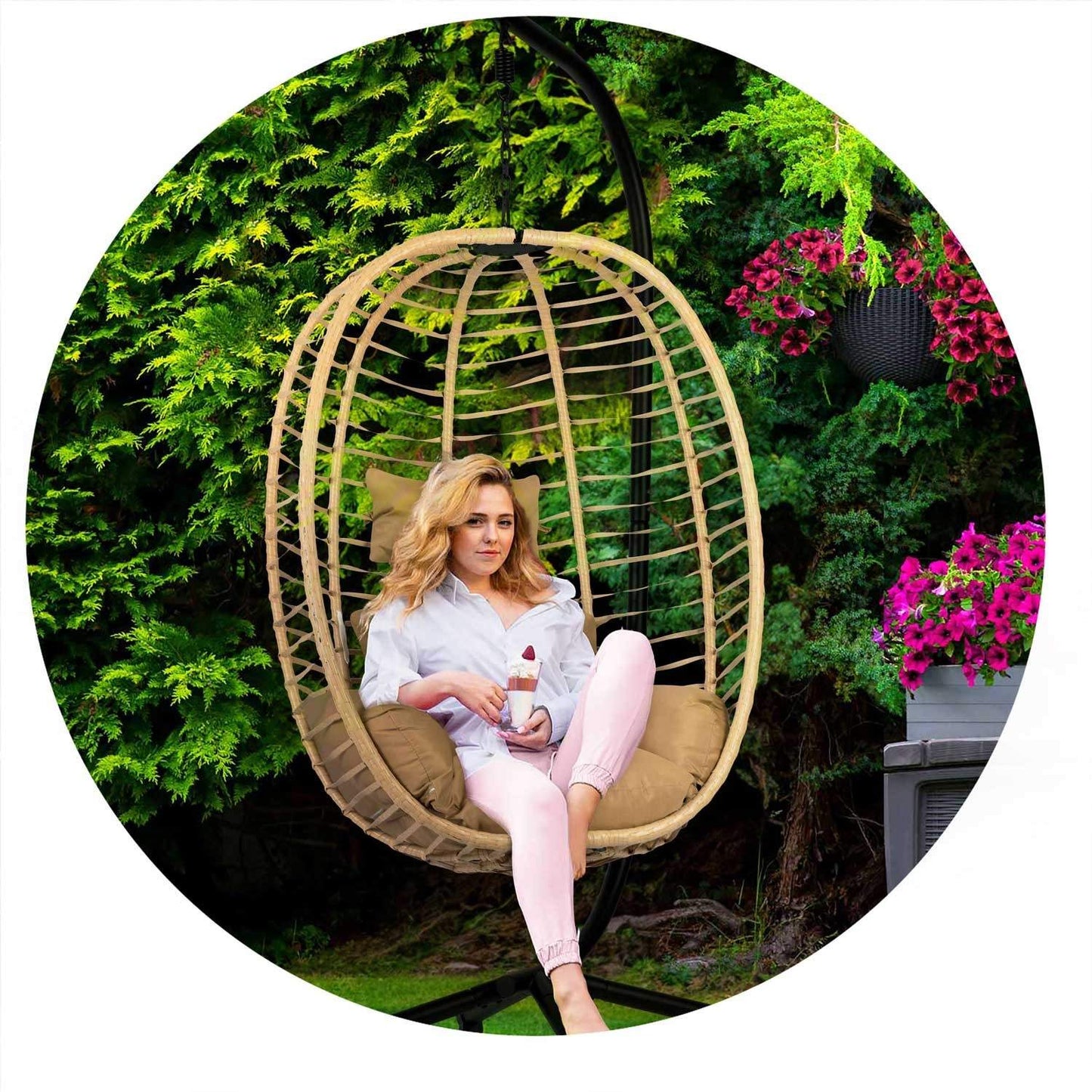 Toskana black hanging garden chair + brown cushions Sofotel