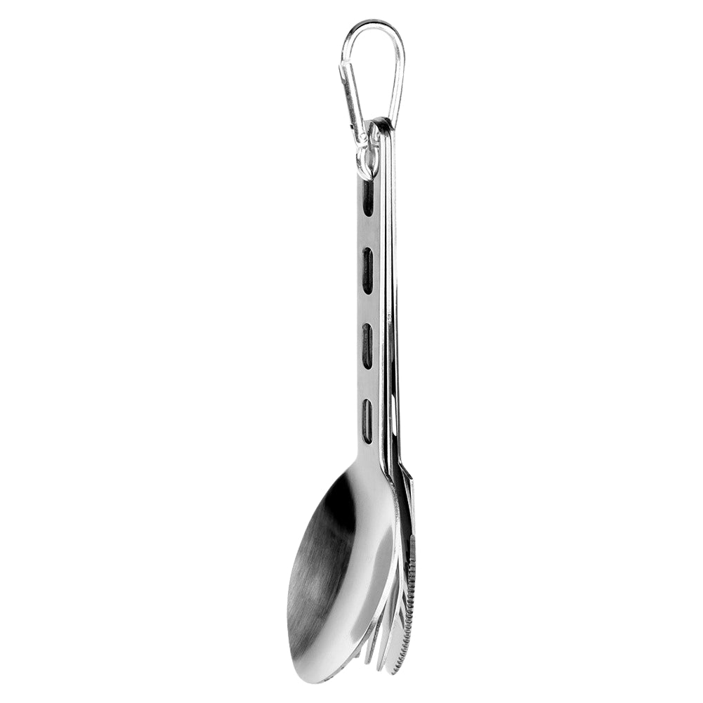 Tourist cutlery with snap hook, steel, 3 pieces
