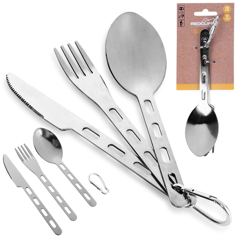 Tourist cutlery with snap hook, steel, 3 pieces