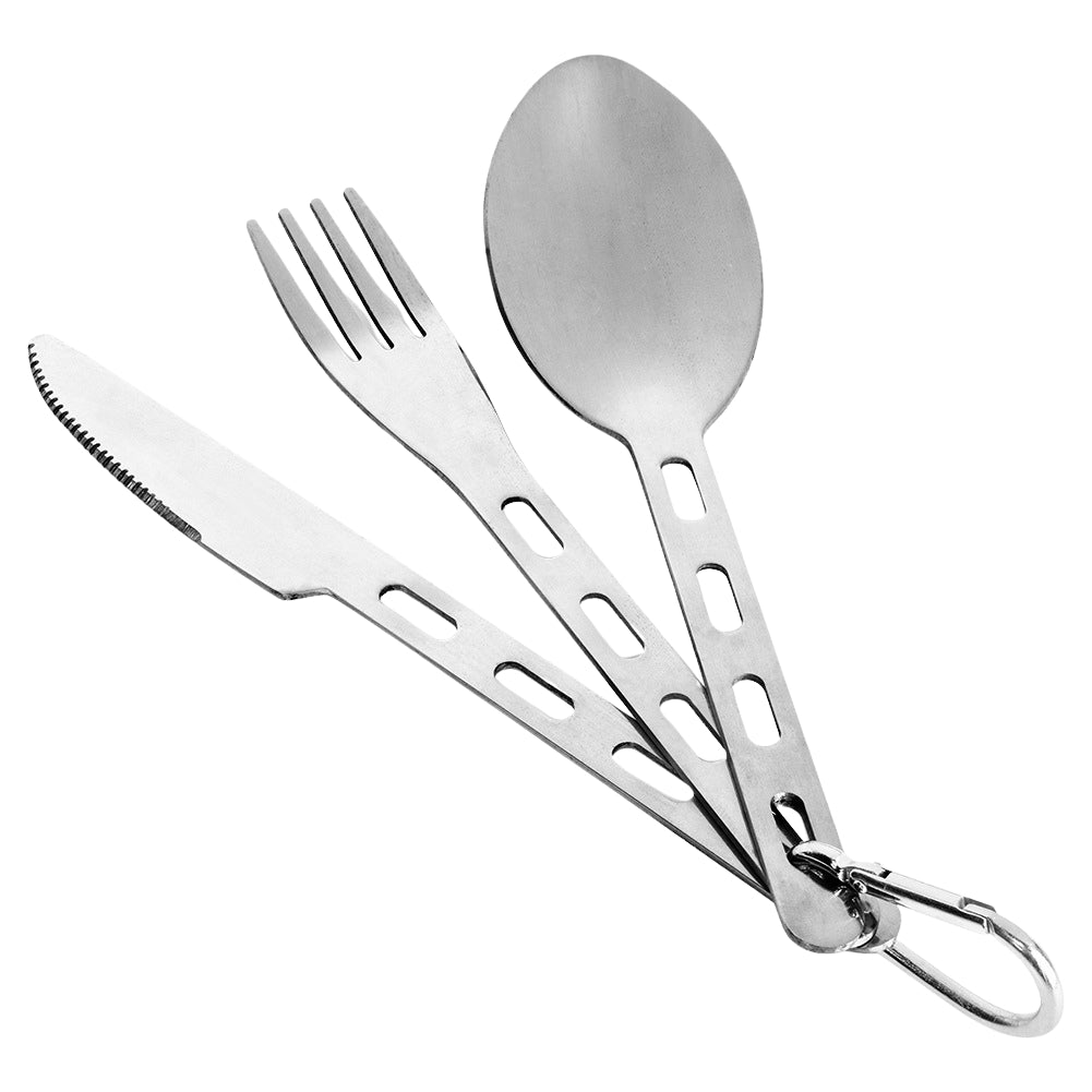 Tourist cutlery with snap hook, steel, 3 pieces