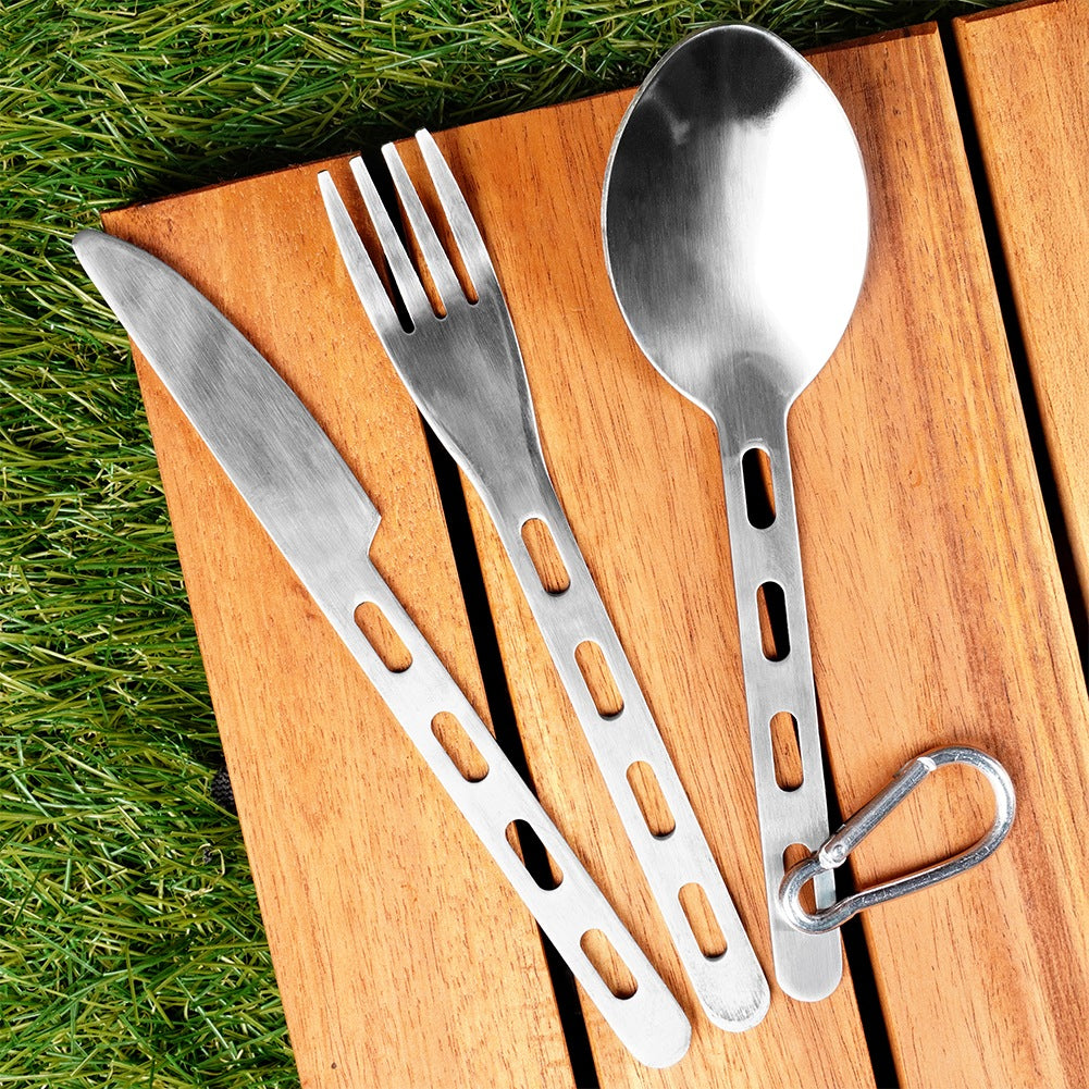 Tourist cutlery with snap hook, steel, 3 pieces
