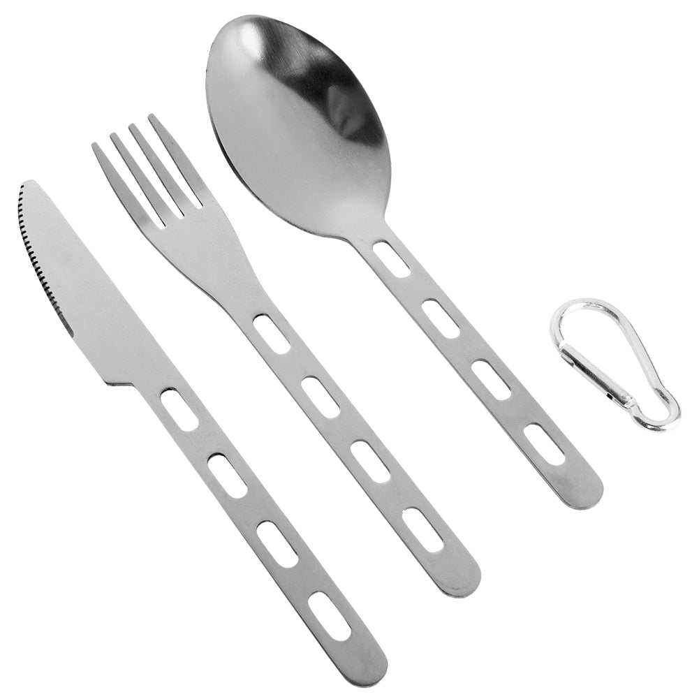 Tourist cutlery with snap hook, steel, 3 pieces