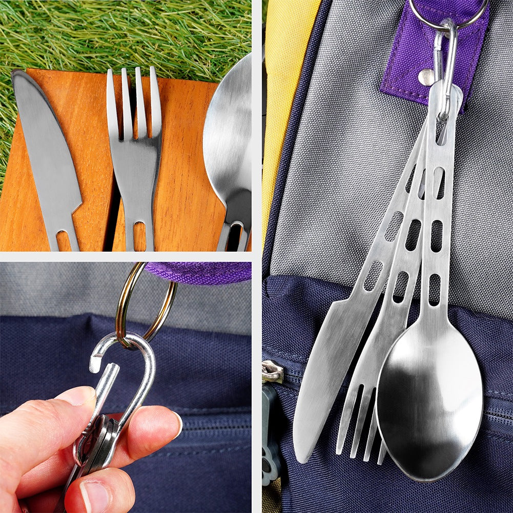 Tourist cutlery with snap hook, steel, 3 pieces