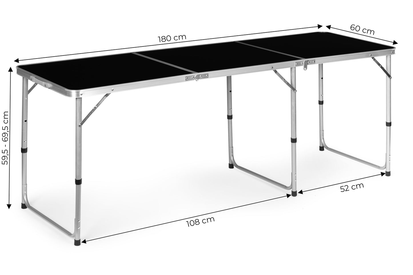 Tourist table, foldable camping table, black top, 180 x 60 cm