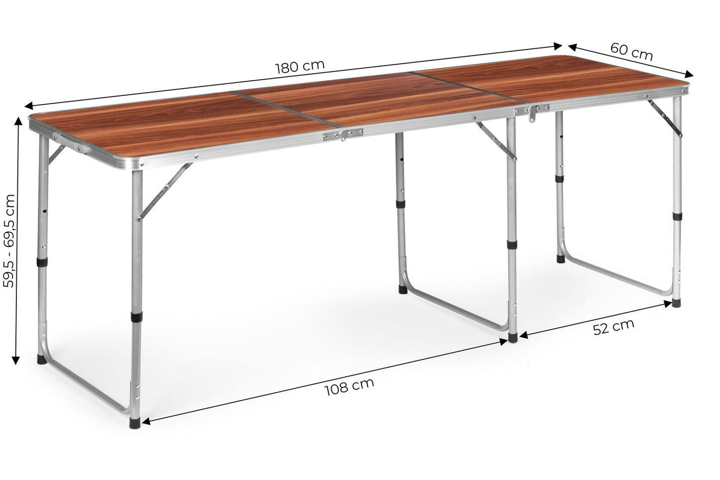 Tourist table, foldable camping table, brown top, 180 x 60 cm
