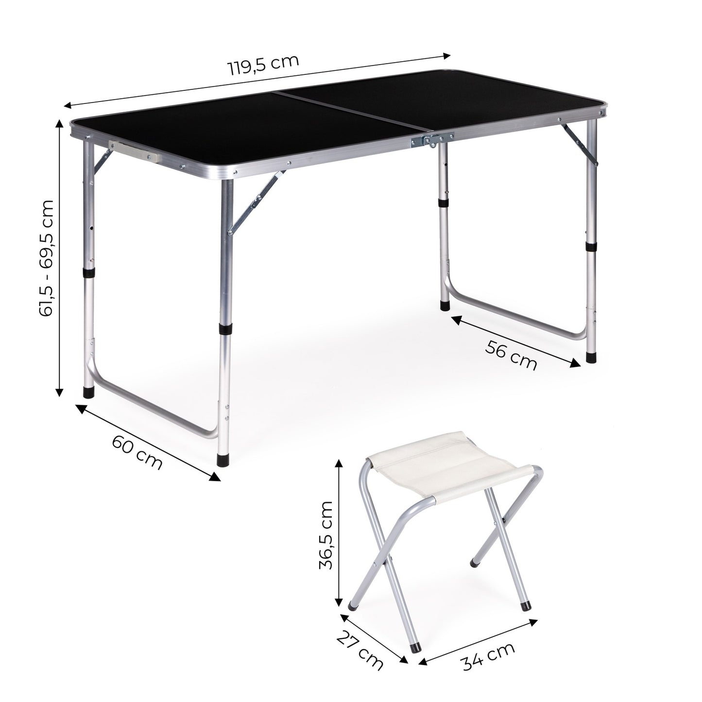 Tourist table, folding table, set of 4 chairs Black