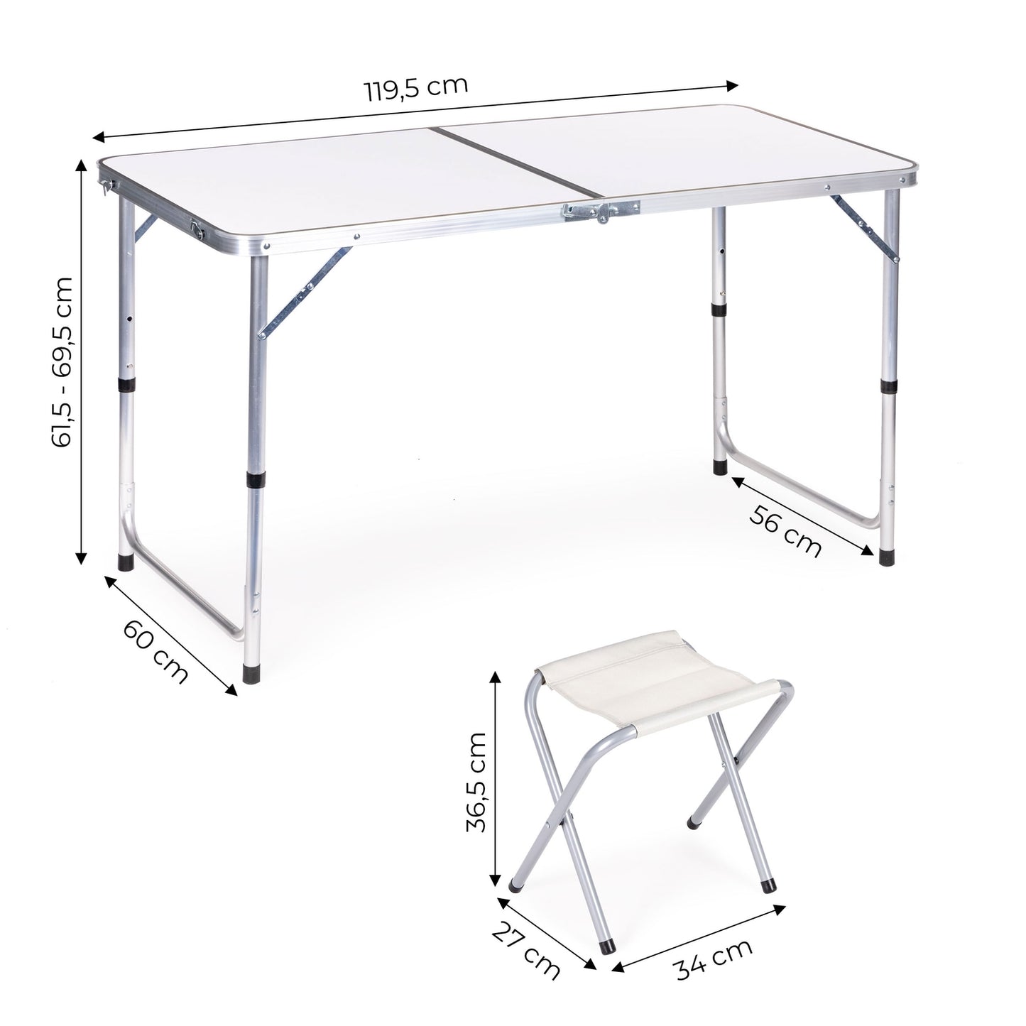 Tourist table, folding table, set of 4 chairs White