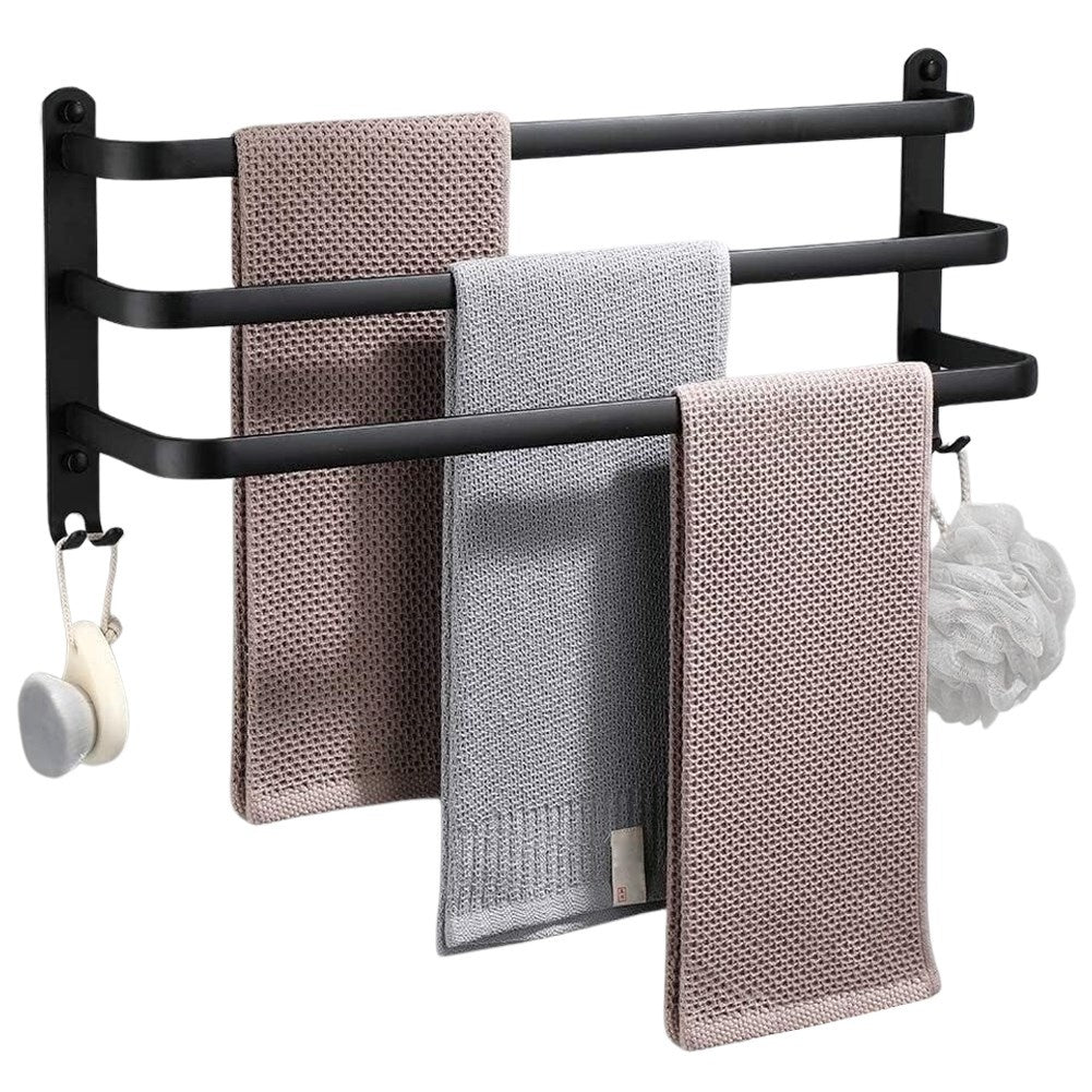 Towel hanger with 3 sections and 4 hooks, black