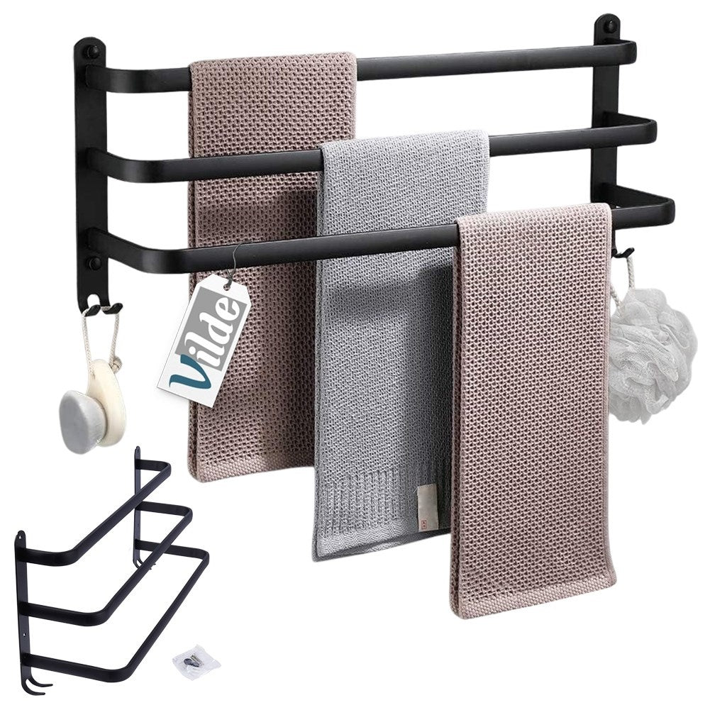 Towel hanger with 3 sections and 4 hooks, black