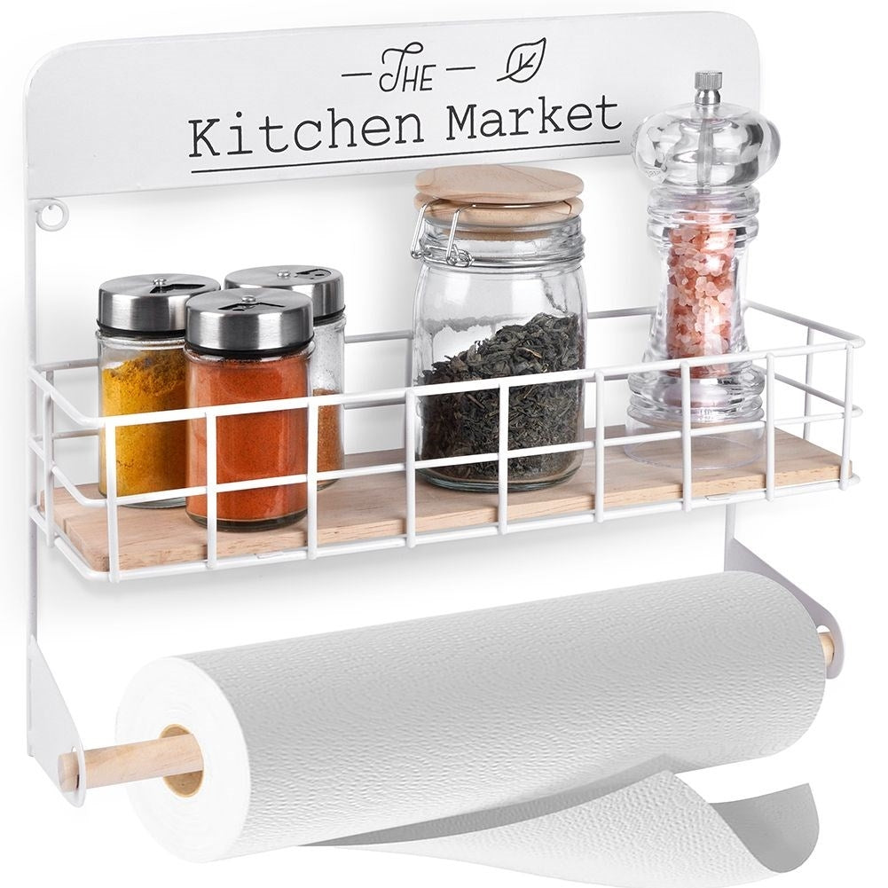 Towel holder with shelf for wall mounting in the kitchen