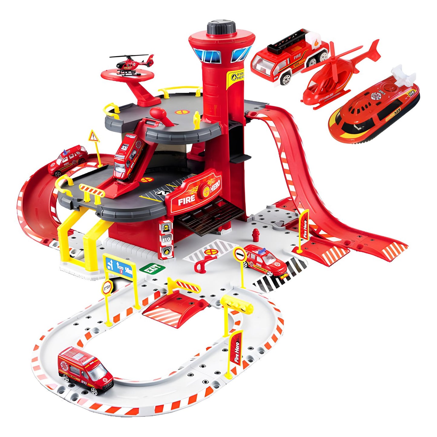 Toy Fire Station Garage Set – 3 Levels, Cars & Helicopter