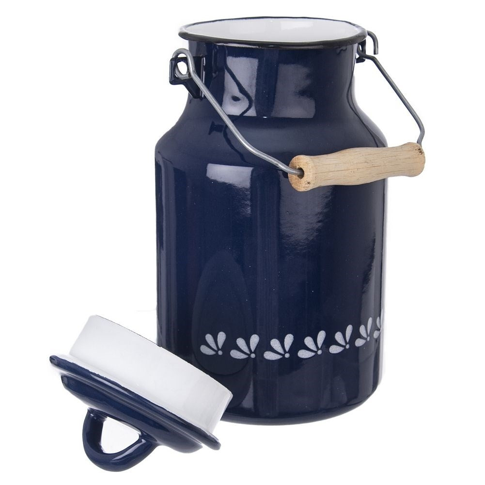 Traditional enamel jug for milk storage and as a vase