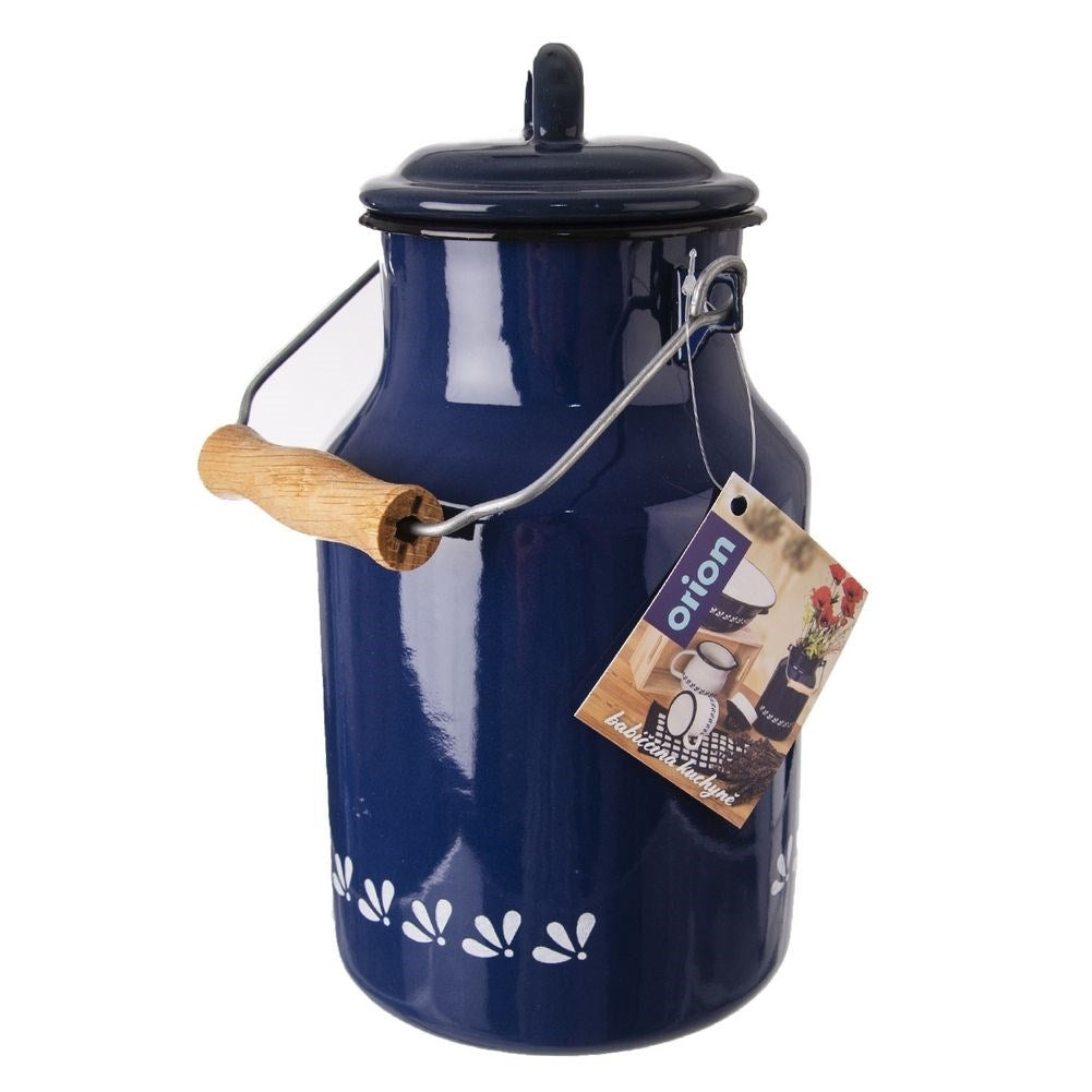 Traditional enamel jug for milk storage and as a vase