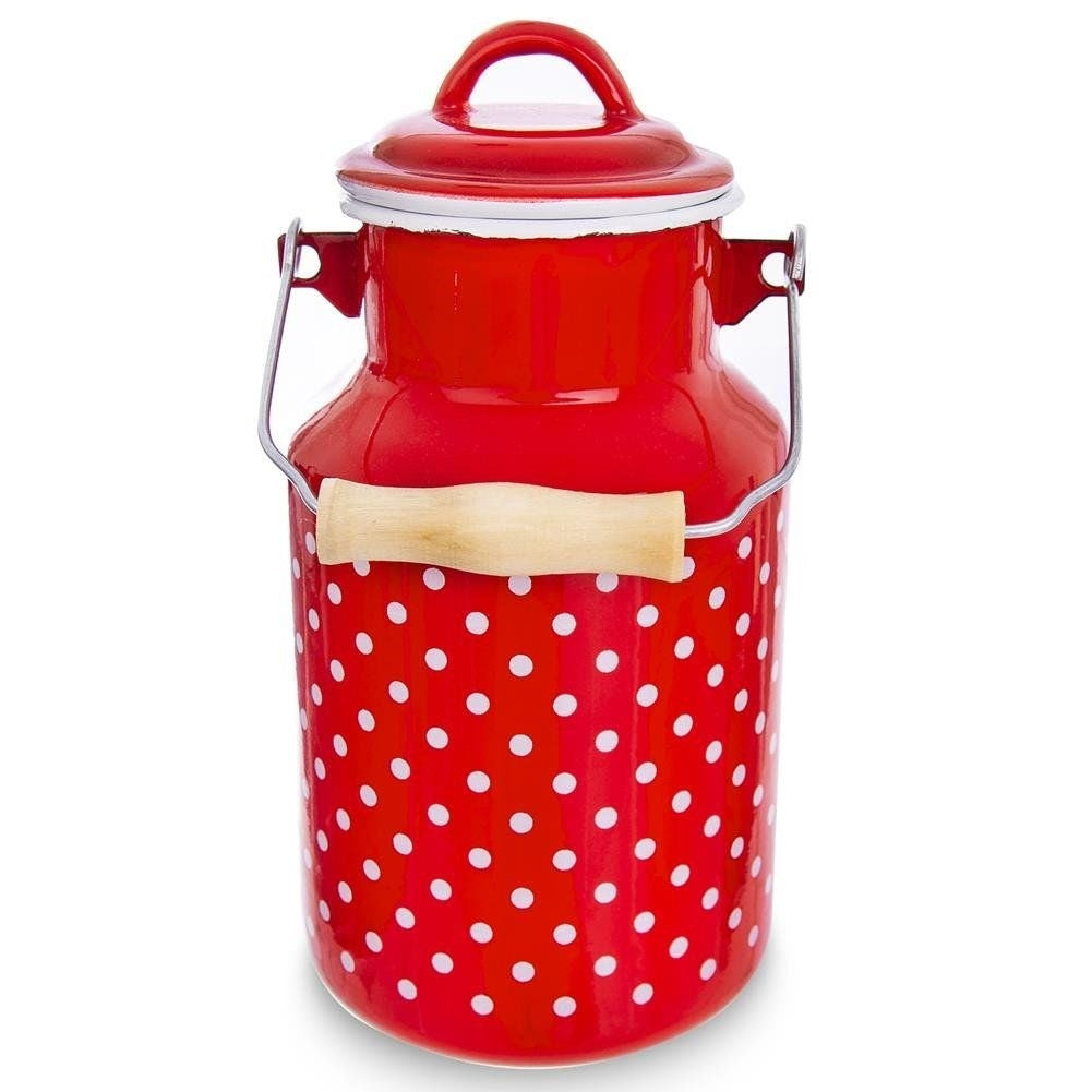 Traditional enamel jug with lid and handle for milk storage