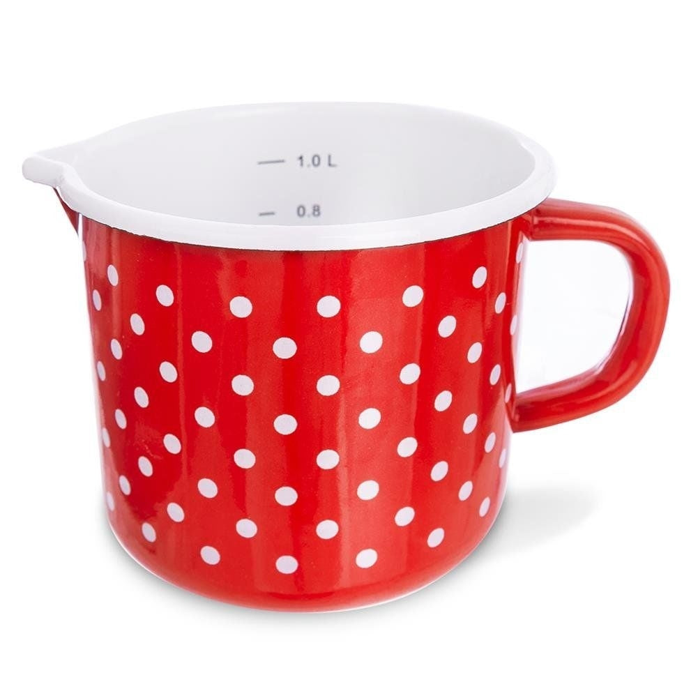 Traditional enamel mug in steel, 12 cm diameter, decorative.