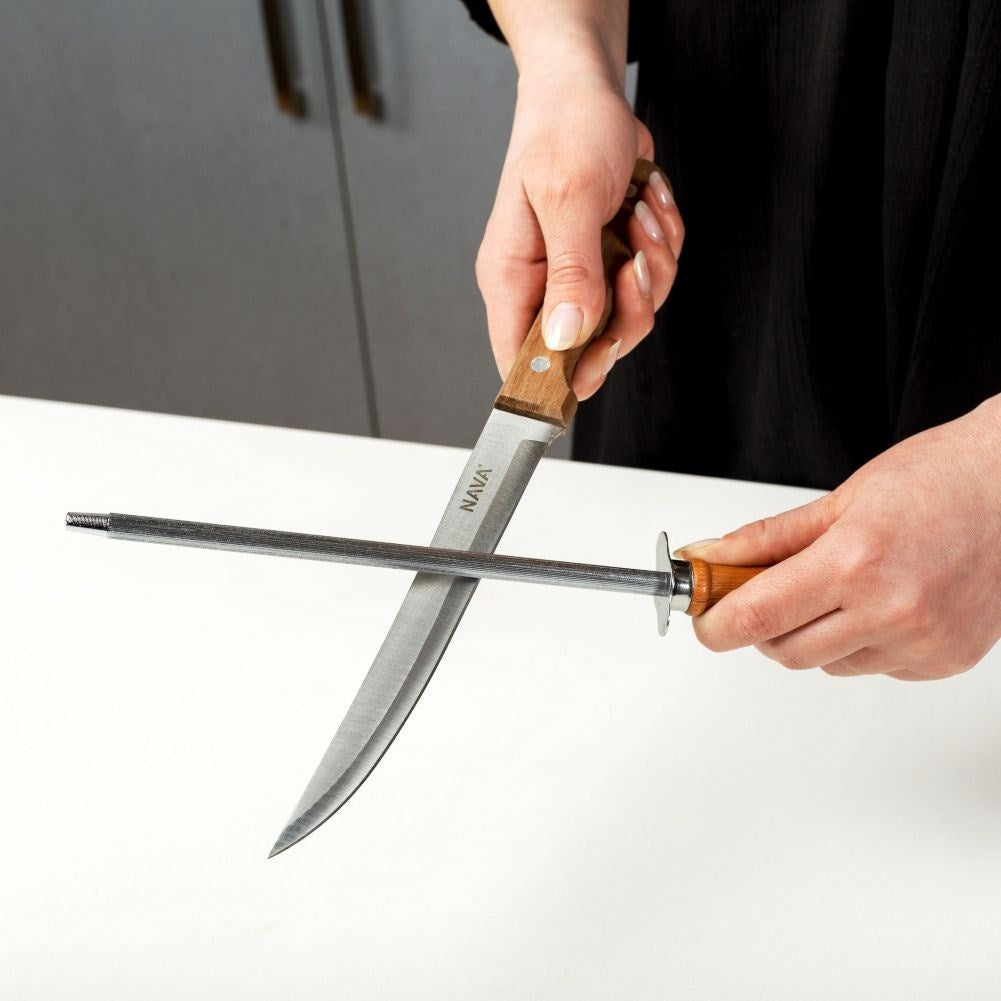 Traditional stainless steel knife sharpener with wooden handle