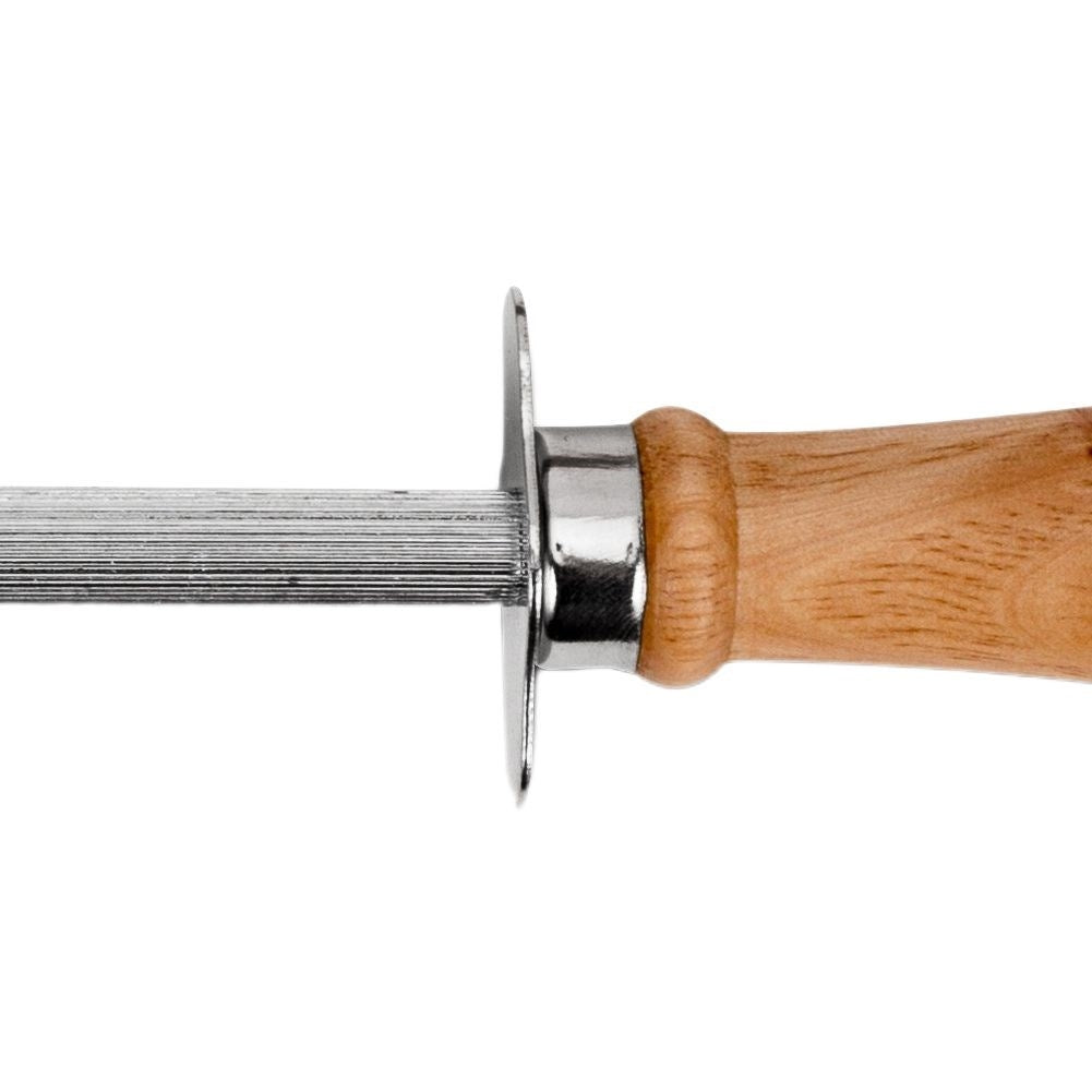Traditional stainless steel knife sharpener with wooden handle
