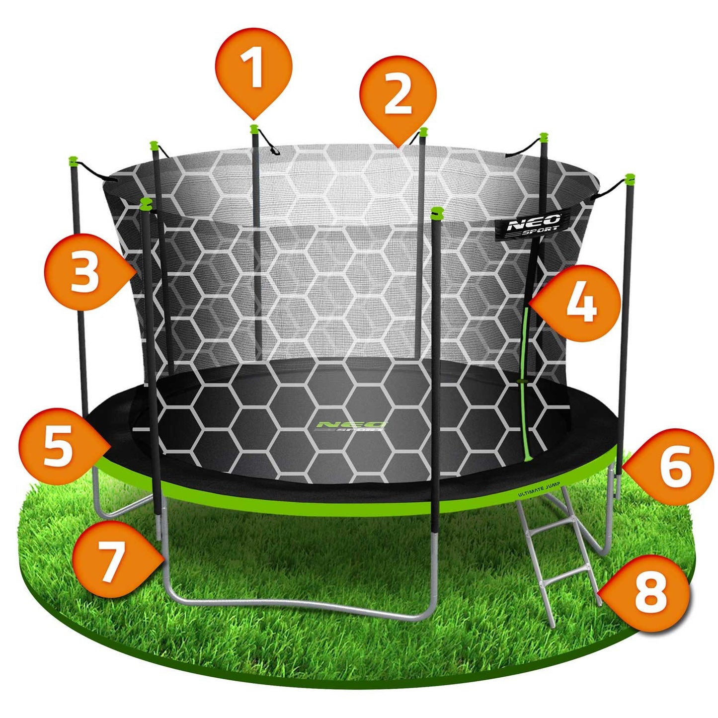Trampoline for the garden 12ft/374cm with inner safety net and ladder from Neo-Sport