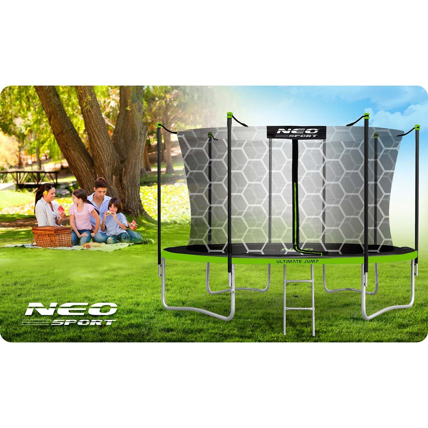Trampoline for the garden 12ft/374cm with inner safety net and ladder from Neo-Sport