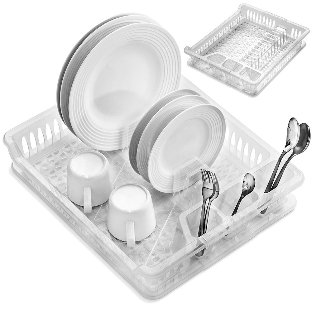 Transparent dish rack with sections and removable tray