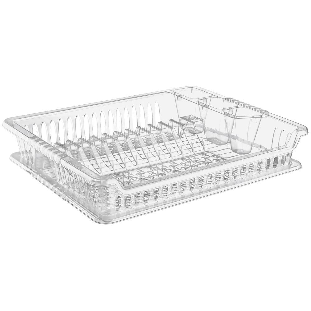 Transparent dish rack with sections and removable tray