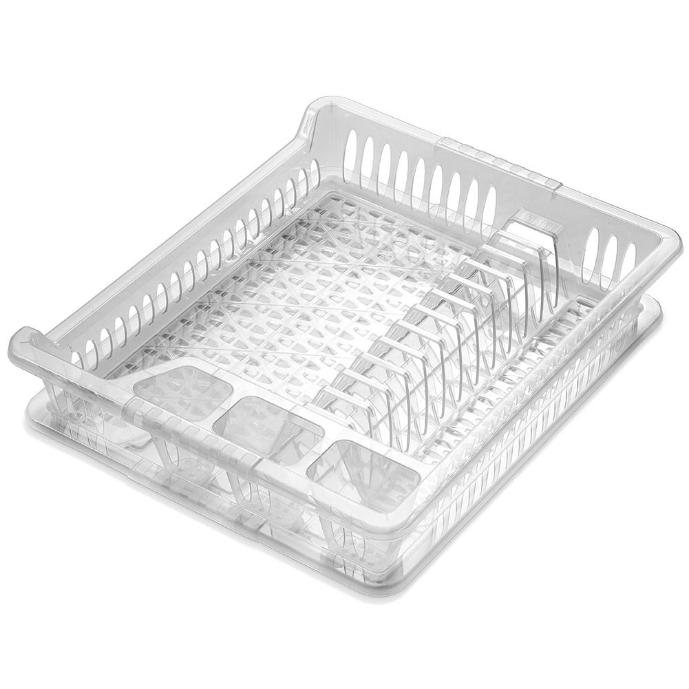 Transparent dish rack with sections and removable tray